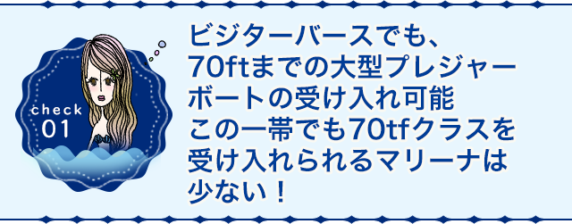 ビジターバースでも、70ftまでの大型プレジャーボートの受け入れ可能この一帯でも70ftクラスを受け入れられるマリーナは少ない！