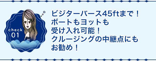 ビジターバース45ftまで！ボートもヨットも受け入れ可能！クルージングの中継点にもお勧め！